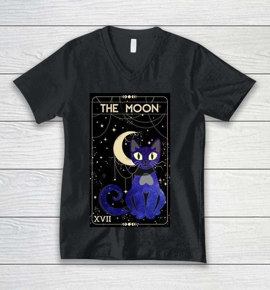 Tarot Card Crescent Moon And Cat Of Moon And Black Cat Unisex V-Neck T-Shirt