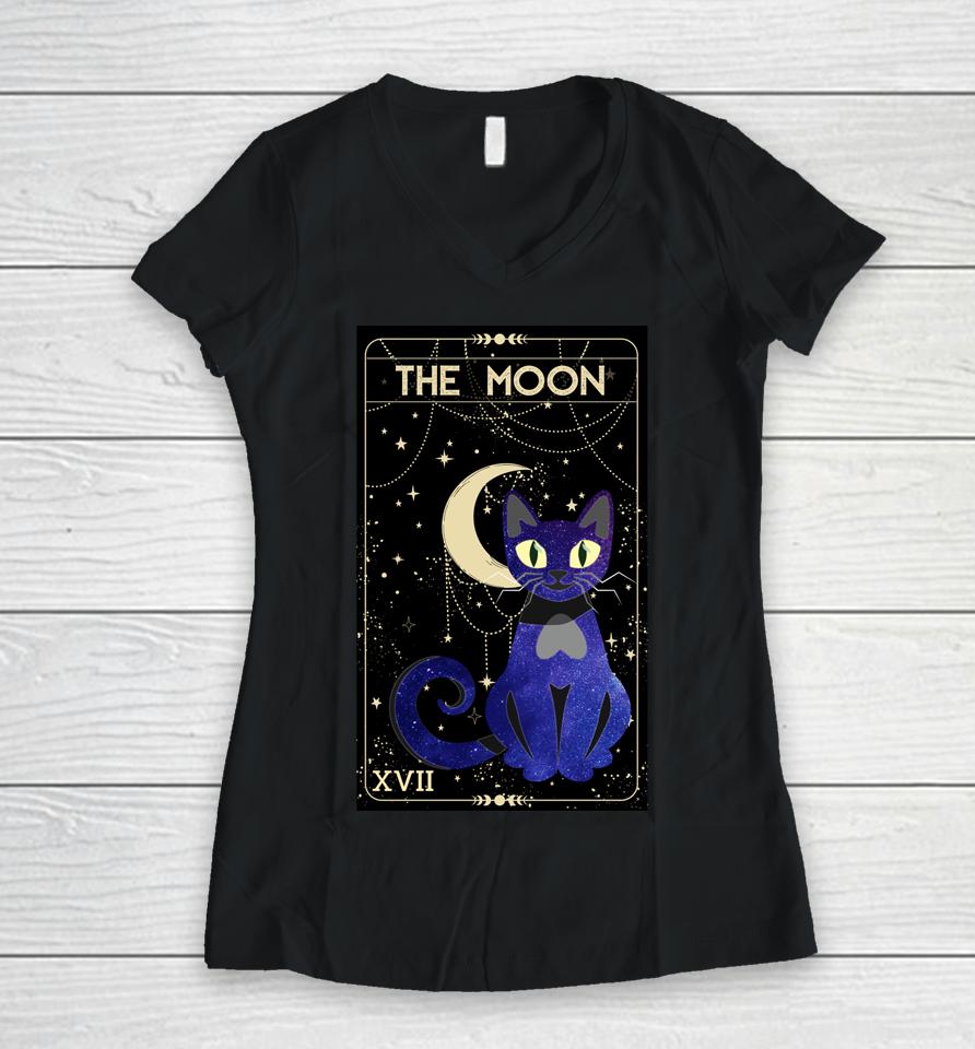 Tarot Card Crescent Moon And Cat Of Moon And Black Cat Women V-Neck T-Shirt