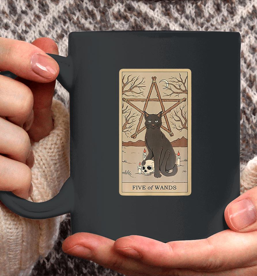 Tarot Card Five Of Wands And Cat Cosmic Graphic Cats Lover Coffee Mug