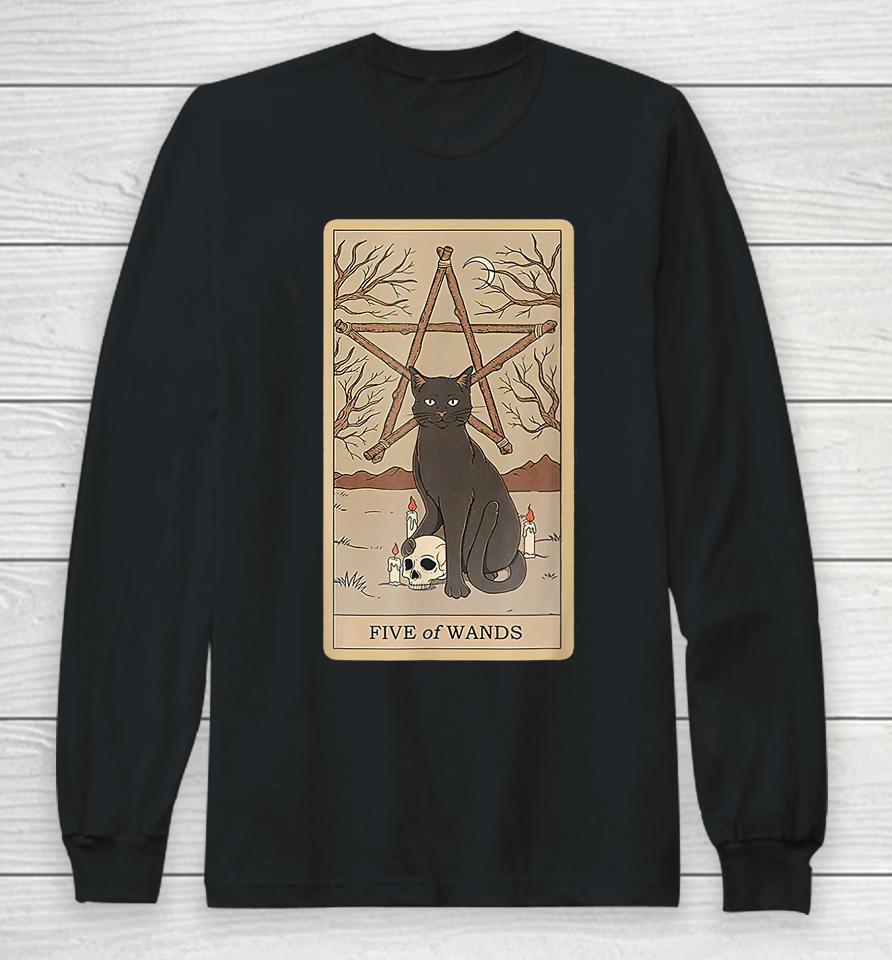 Tarot Card Five Of Wands And Cat Cosmic Graphic Cats Lover Long Sleeve T-Shirt