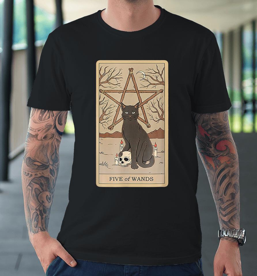 Tarot Card Five Of Wands And Cat Cosmic Graphic Cats Lover Premium T-Shirt
