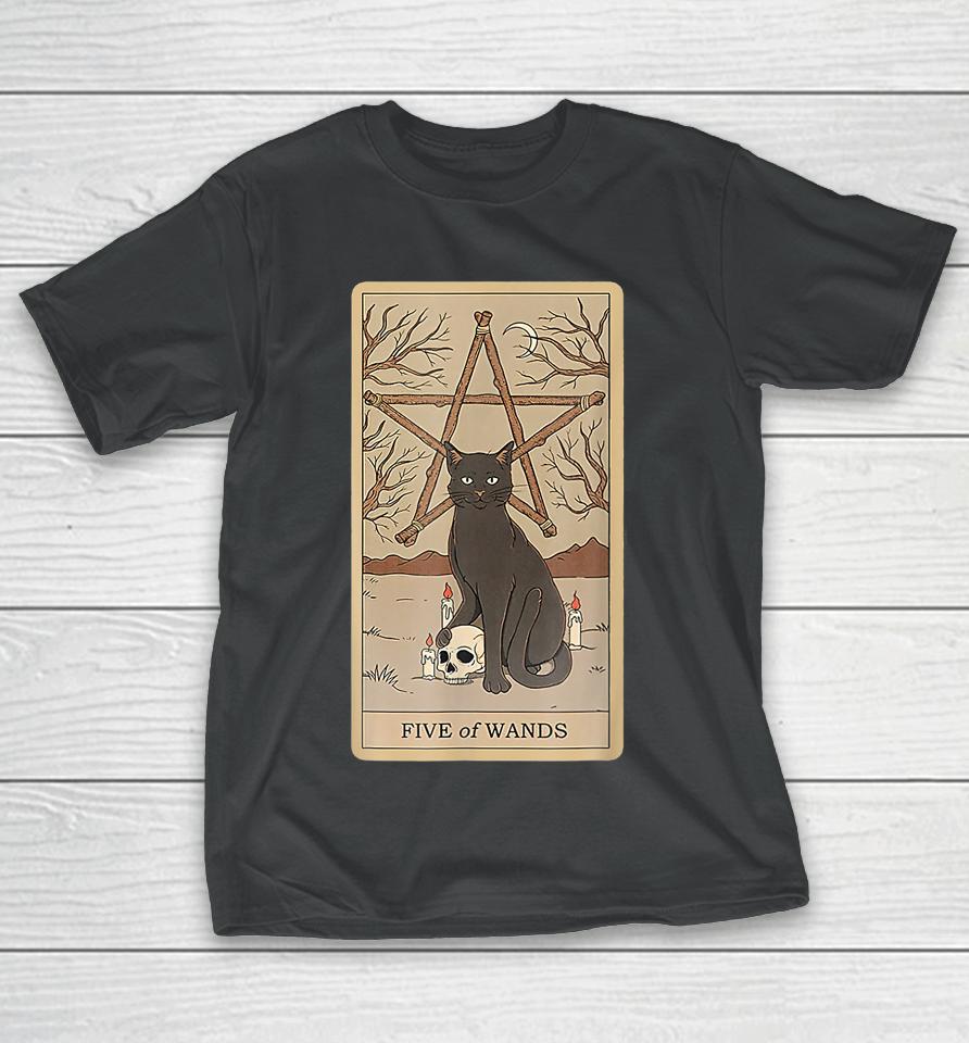 Tarot Card Five Of Wands And Cat Cosmic Graphic Cats Lover T-Shirt