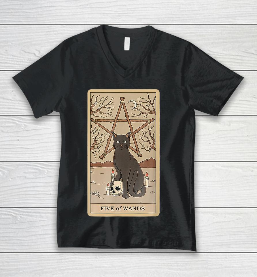 Tarot Card Five Of Wands And Cat Cosmic Graphic Cats Lover Unisex V-Neck T-Shirt