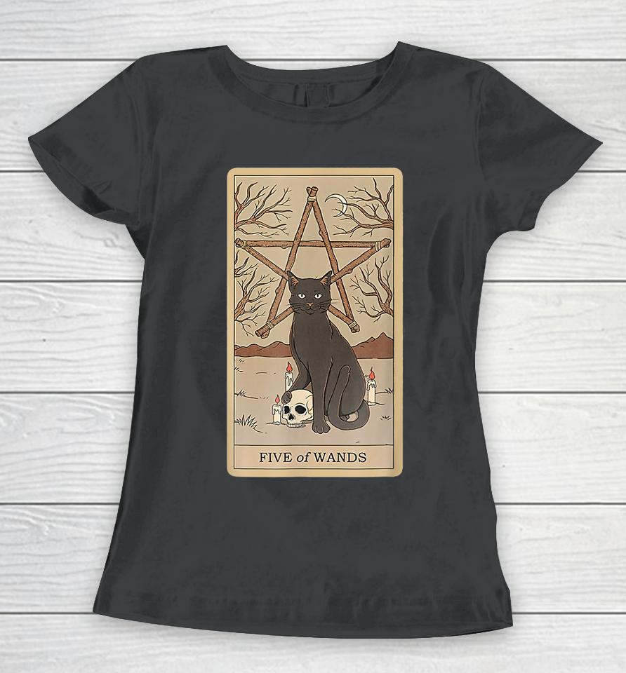 Tarot Card Five Of Wands And Cat Cosmic Graphic Cats Lover Women T-Shirt