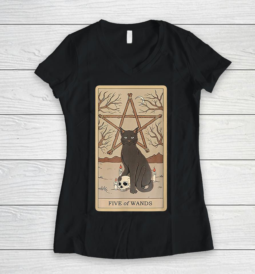 Tarot Card Five Of Wands And Cat Cosmic Graphic Cats Lover Women V-Neck T-Shirt
