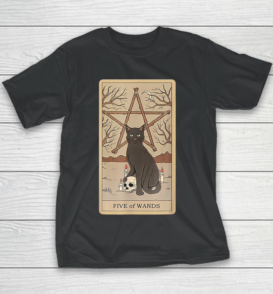 Tarot Card Five Of Wands And Cat Cosmic Graphic Cats Lover Youth T-Shirt