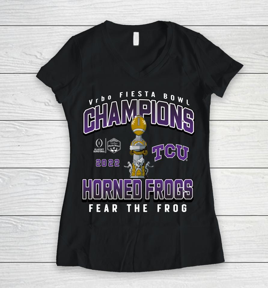 Tcu Horned Frogs 2022 Fiesta Bowl Champions Fear The Frog Women V-Neck T-Shirt