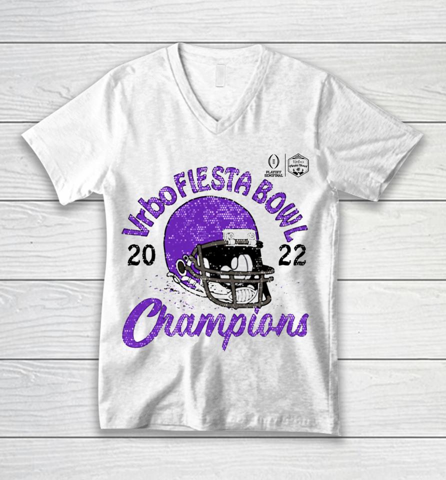 Tcu Horned Frogs White 2022 Vrbo Fiesta Bowl Champions Favorite Cheer Unisex V-Neck T-Shirt