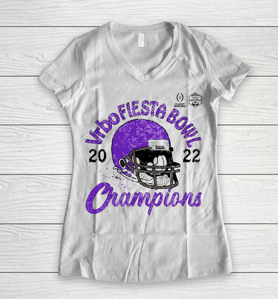 Tcu Horned Frogs White 2022 Vrbo Fiesta Bowl Champions Favorite Cheer Women V-Neck T-Shirt