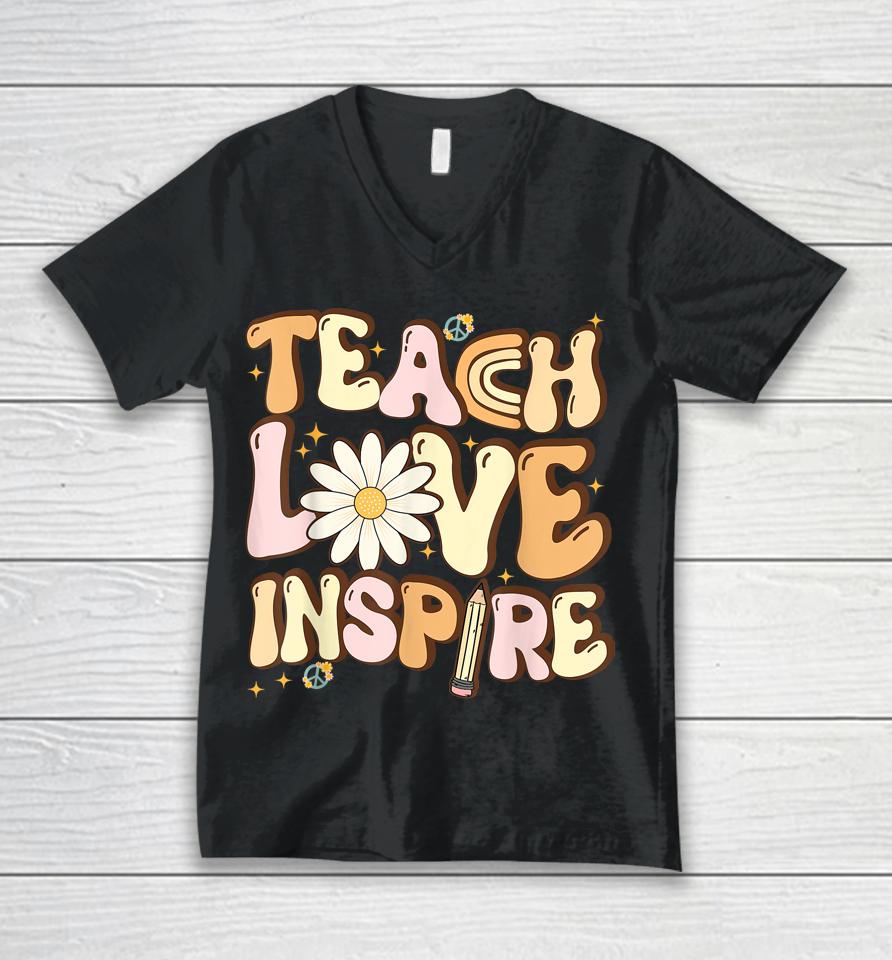 Teach Love Inspire Retro Teacher Back To School Unisex V-Neck T-Shirt