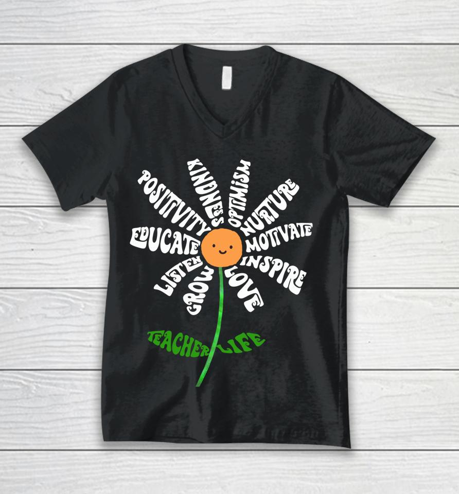 Teach Love Inspire Teachers Inspirational Flower Teachers Unisex V-Neck T-Shirt