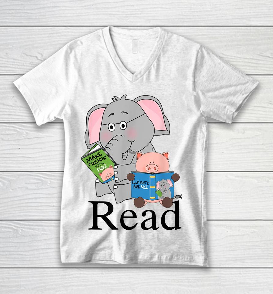 Teacher Library Read Book Club Piggie Elephant Pigeons Funny Unisex V-Neck T-Shirt