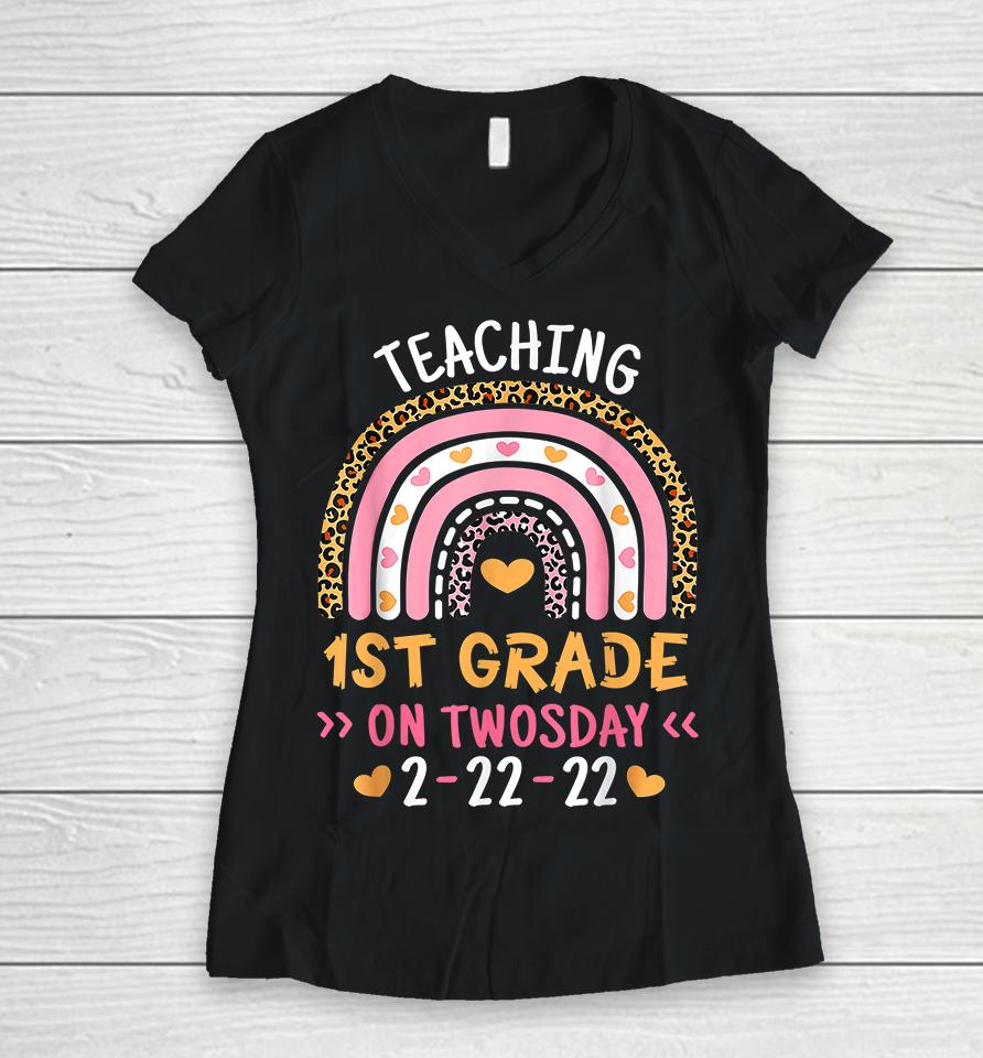 Teaching 1St Grade On Twosday Women V-Neck T-Shirt
