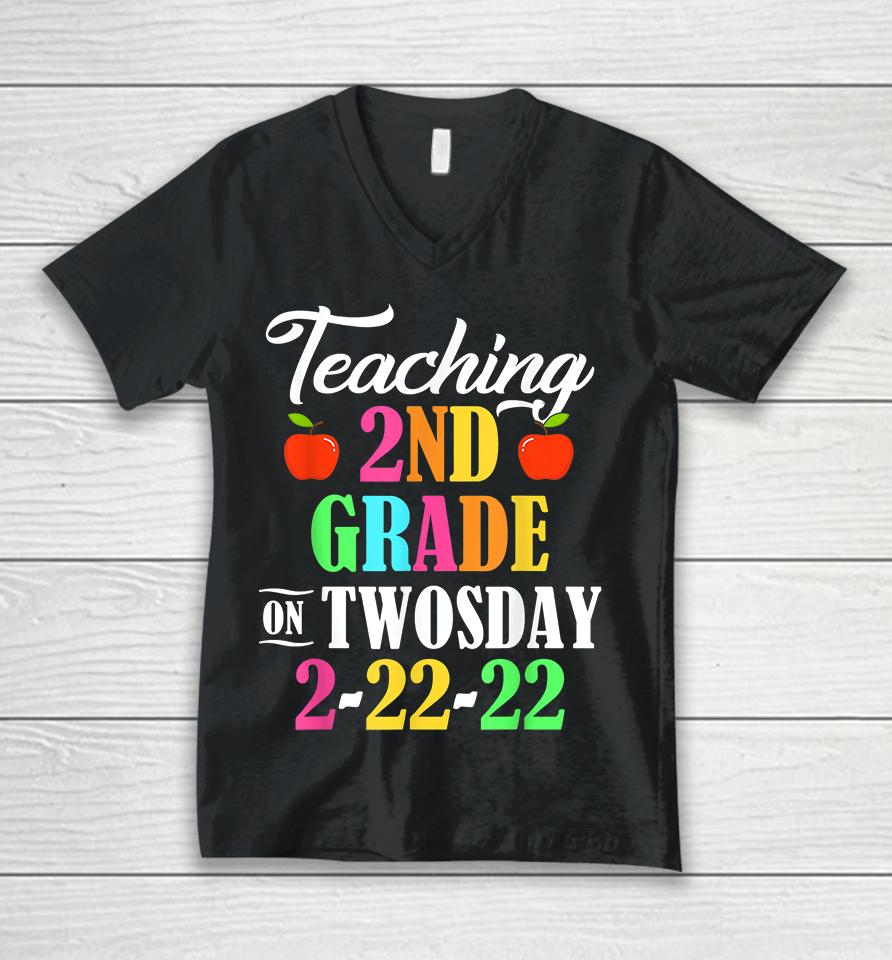 Teaching 2Nd Grade On Twosday 2-22-22 Unisex V-Neck T-Shirt
