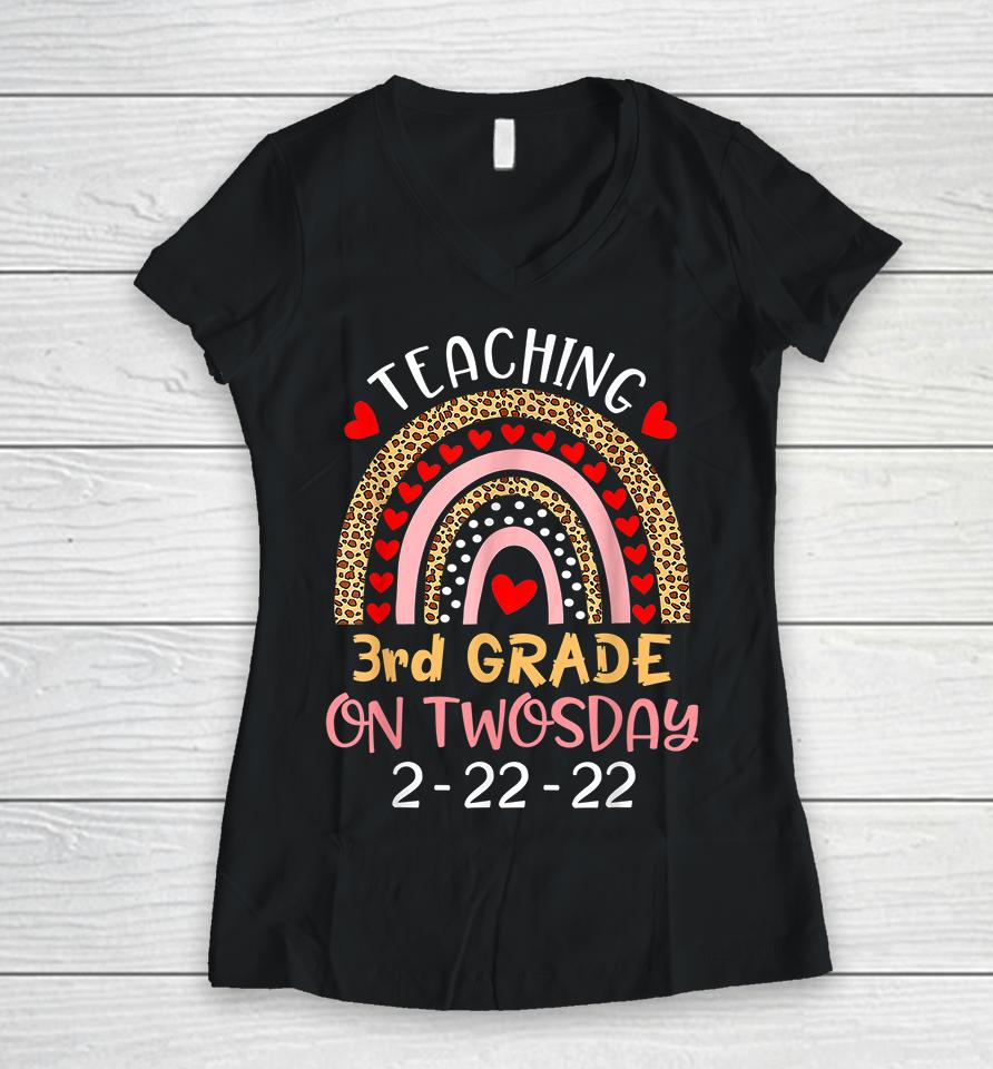Teaching 3Rd Grade On Twosday Valentine Women V-Neck T-Shirt