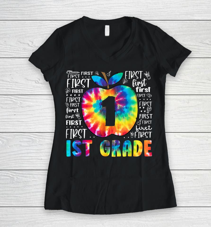 Team 1St Grade Typography Tie Dye Back To School Teacher Women V-Neck T-Shirt
