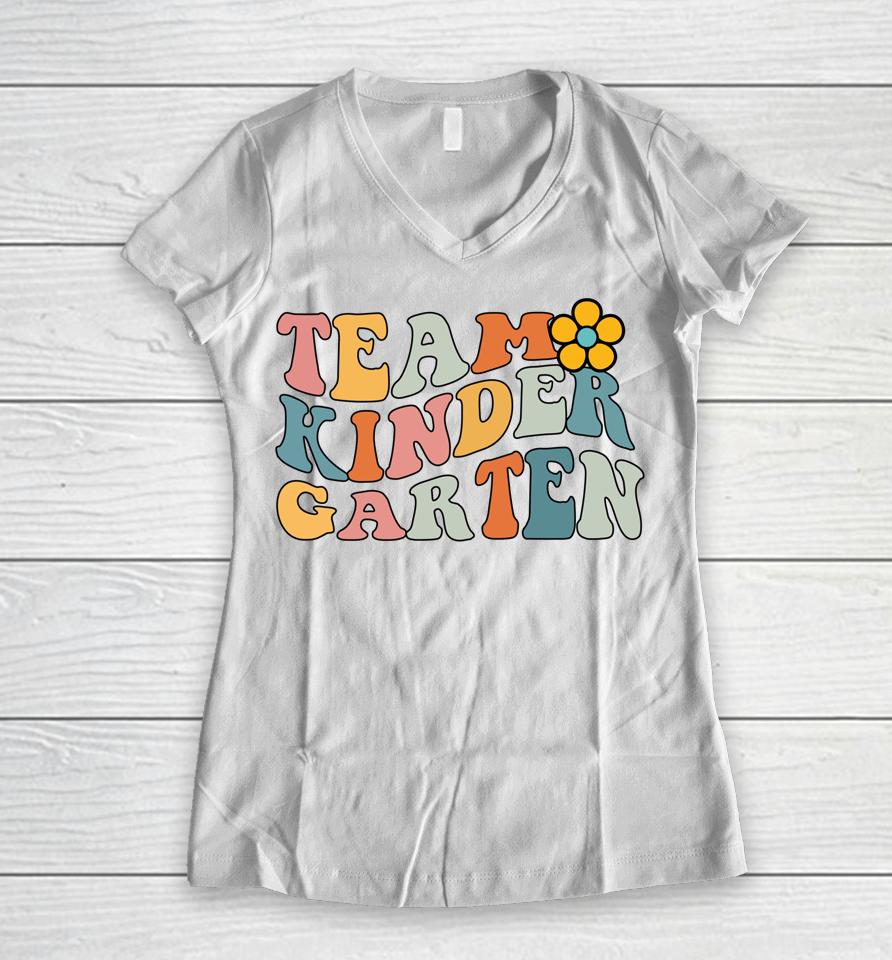Team Kindergarten Groovy Wavy Back To School Teacher Student Women V-Neck T-Shirt