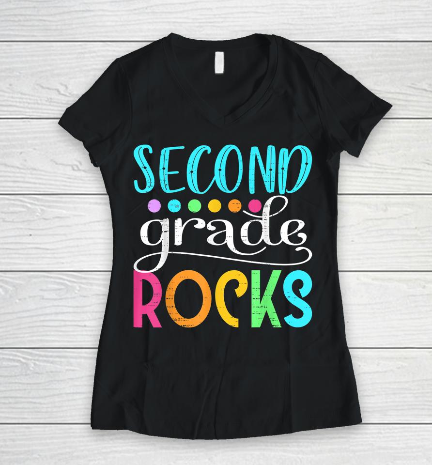 Team Second Grade Hello 2Nd Grade Rocks Back To School Funny Women V-Neck T-Shirt
