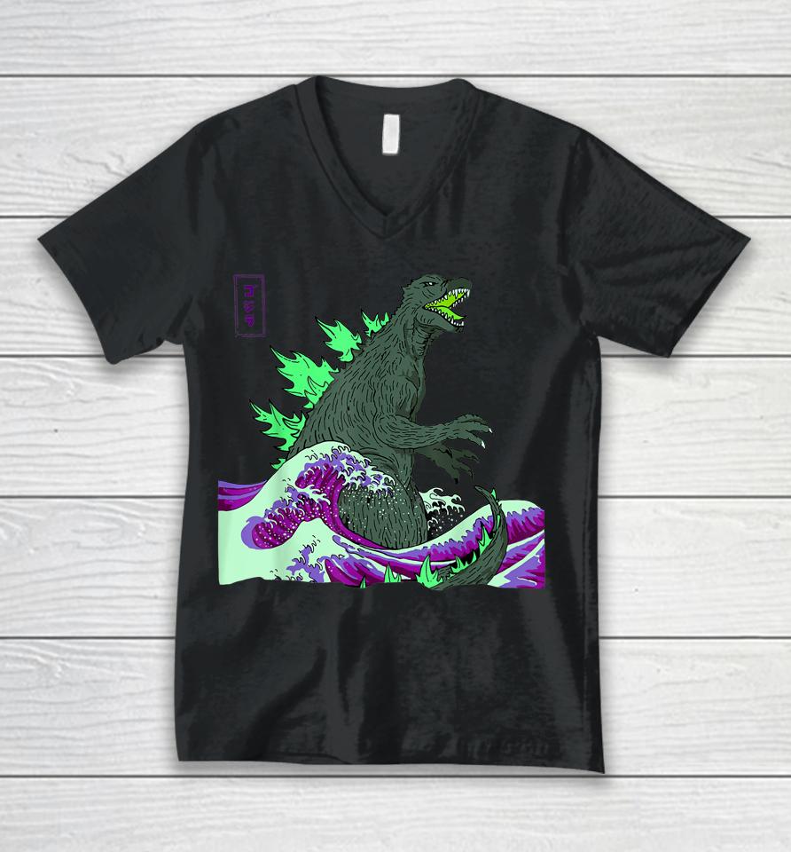 #Teamgodzilla The Great Monster Off Kanagawa Green Wave Unisex V-Neck T-Shirt