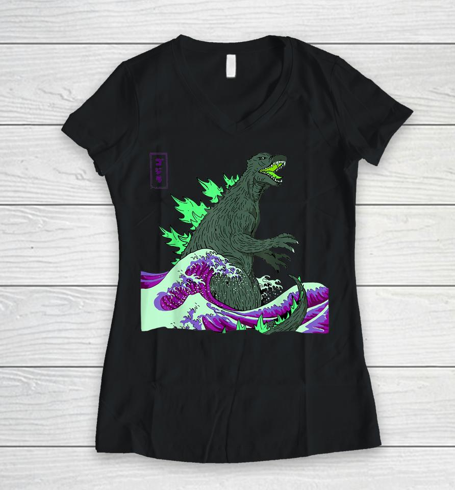 #Teamgodzilla The Great Monster Off Kanagawa Green Wave Women V-Neck T-Shirt