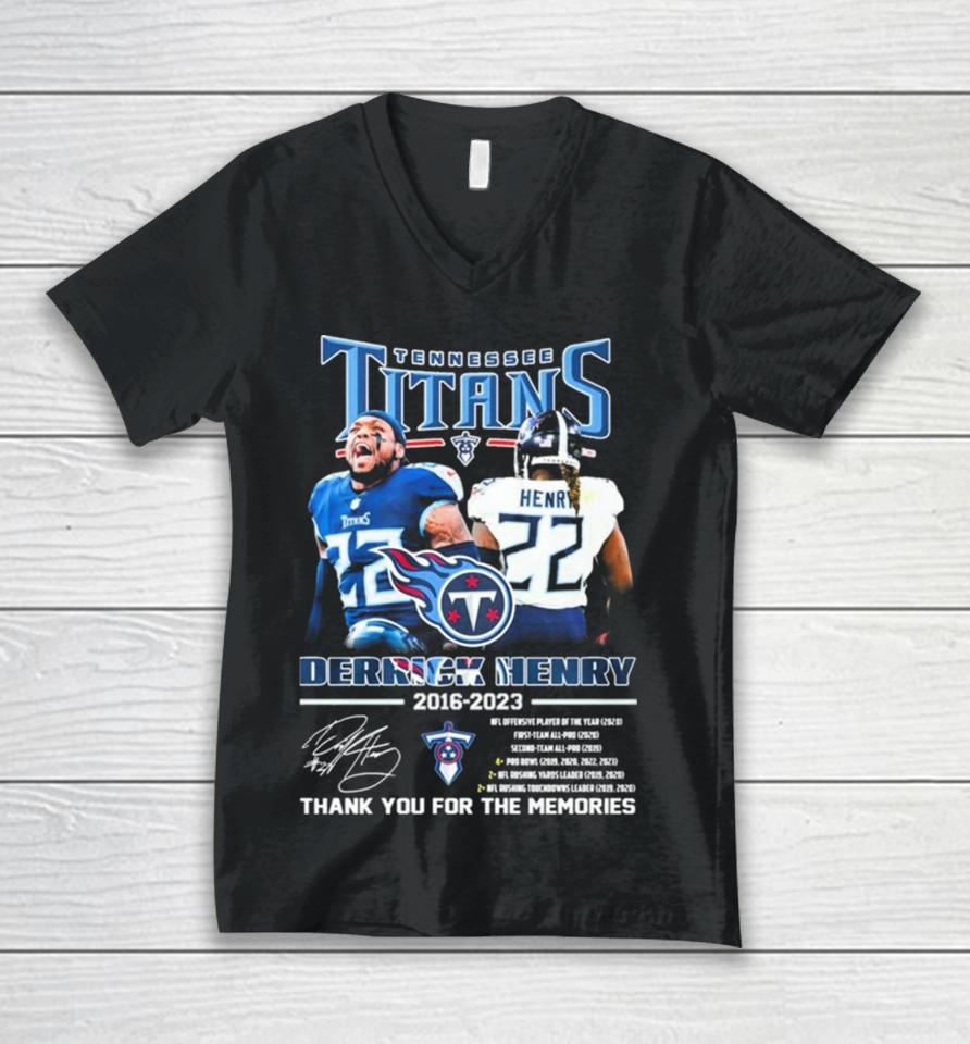 Tennessee Titans Derrick Henry 2016 2023 Thank You For The Memories Signatures Unisex V-Neck T-Shirt