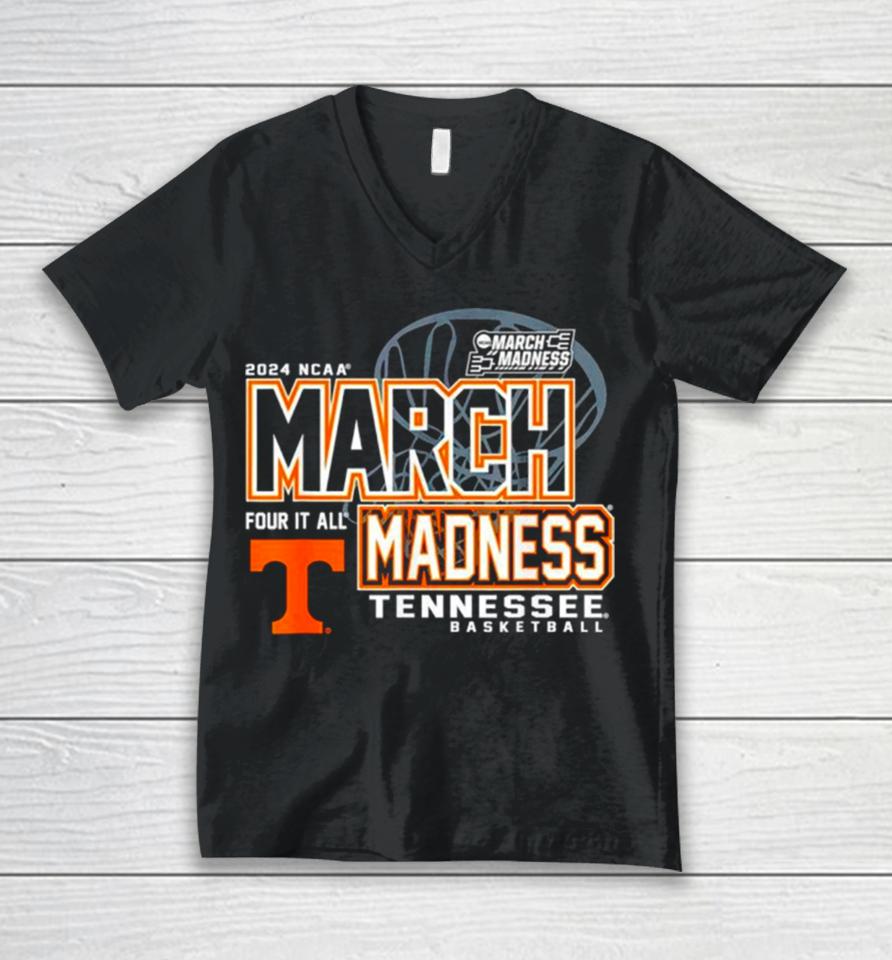 Tennessee Volunteers 2024 Ncaa Basketball March Madness Four It All Unisex V-Neck T-Shirt