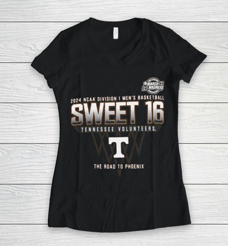 Tennessee Volunteers 2024 Ncaa Division I Men’s Basketball Sweet 16 The Road To Phoenix Women V-Neck T-Shirt