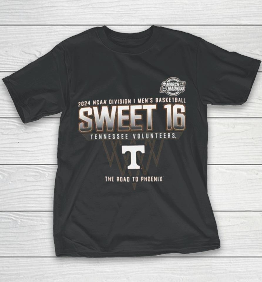 Tennessee Volunteers 2024 Ncaa Division I Men’s Basketball Sweet 16 The Road To Phoenix Youth T-Shirt