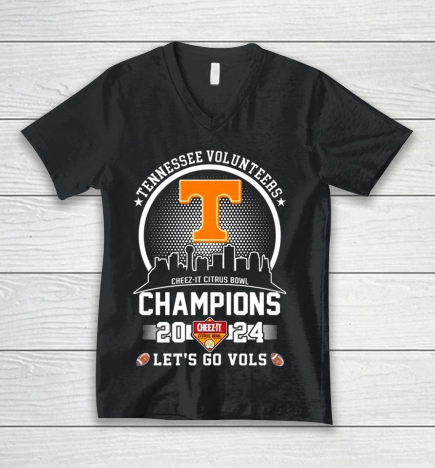 Tennessee Volunteers City Skyline 2024 Cheez It Citrus Bowl Champions Let’s Go Vols Unisex V-Neck T-Shirt