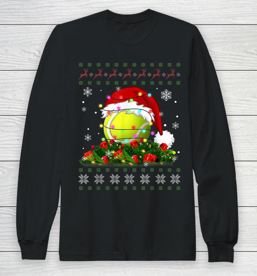 Tennis Ugly Sweater Christmas Pajama Lights Sport Lover Long Sleeve T-Shirt