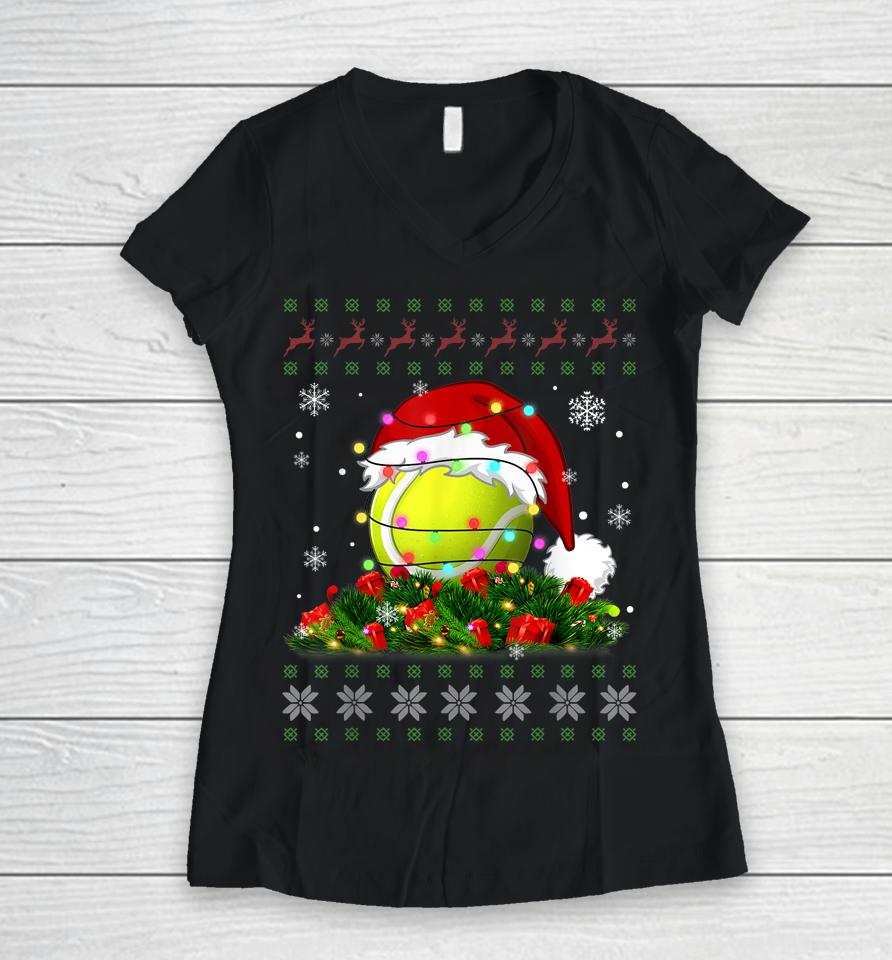 Tennis Ugly Sweater Christmas Pajama Lights Sport Lover Women V-Neck T-Shirt