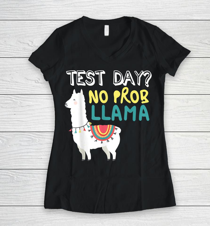 Test Day Llama Teacher Exam Testing Teaching Funny Women V-Neck T-Shirt
