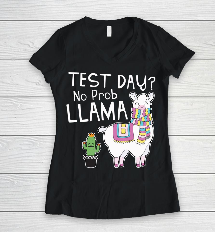 Test Day No Prob Llama Teacher Women V-Neck T-Shirt