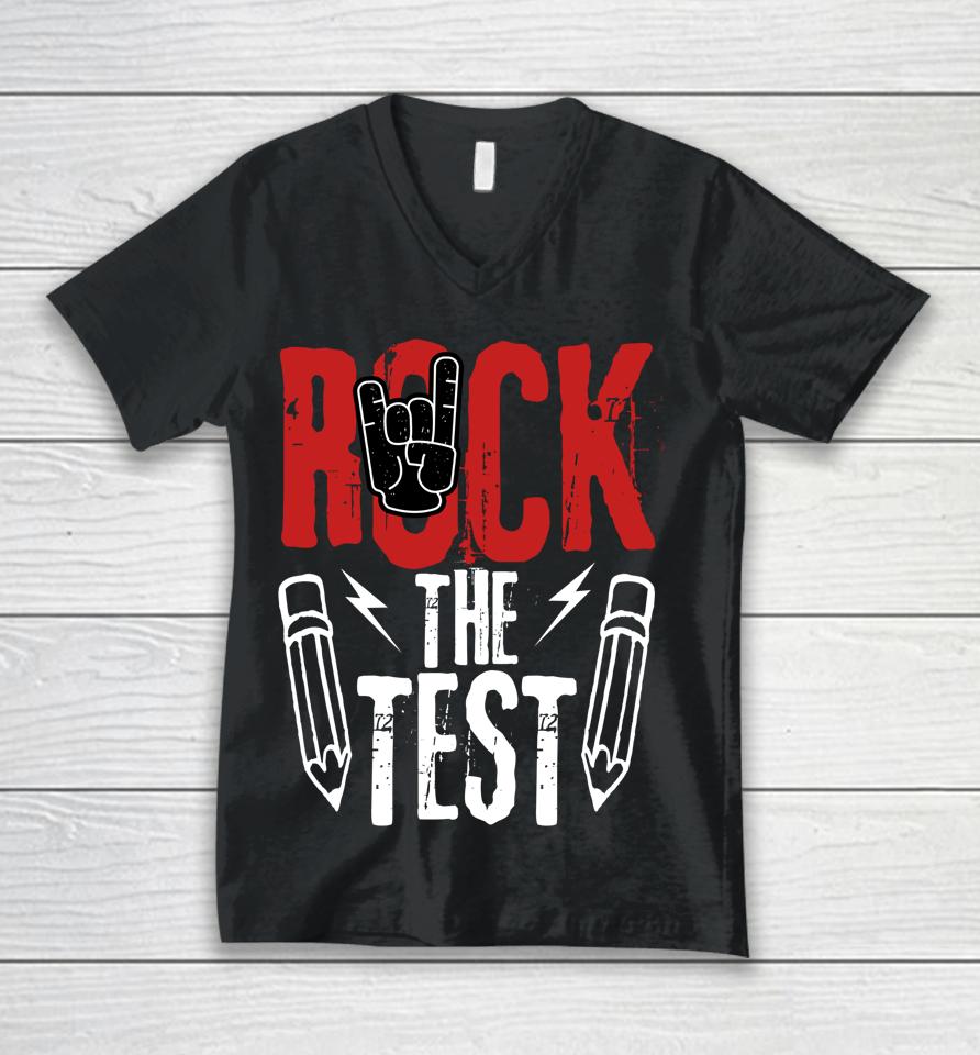 Test Day Rock The Funny Metal Teacher Student Testing Exam Unisex V-Neck T-Shirt