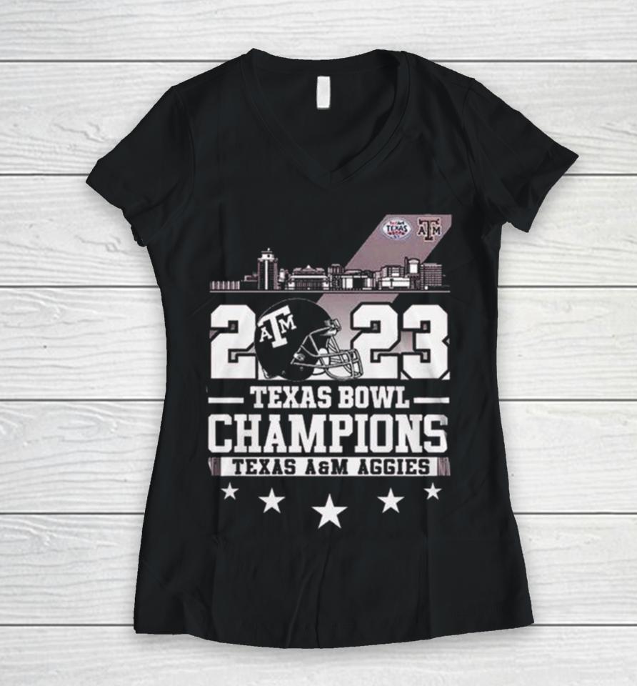 Texas A&Amp;M Aggies Skyline 2023 Texas Bowl Champions Women V-Neck T-Shirt