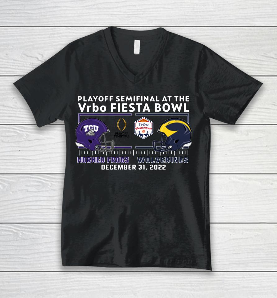 Texas Christian Tcu Vs Michigan 2022 Fiesta Bowl Playoff Bound Match-Up Unisex V-Neck T-Shirt