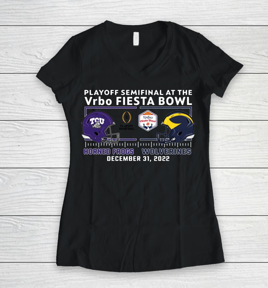 Texas Christian Tcu Vs Michigan 2022 Fiesta Bowl Playoff Bound Match-Up Women V-Neck T-Shirt