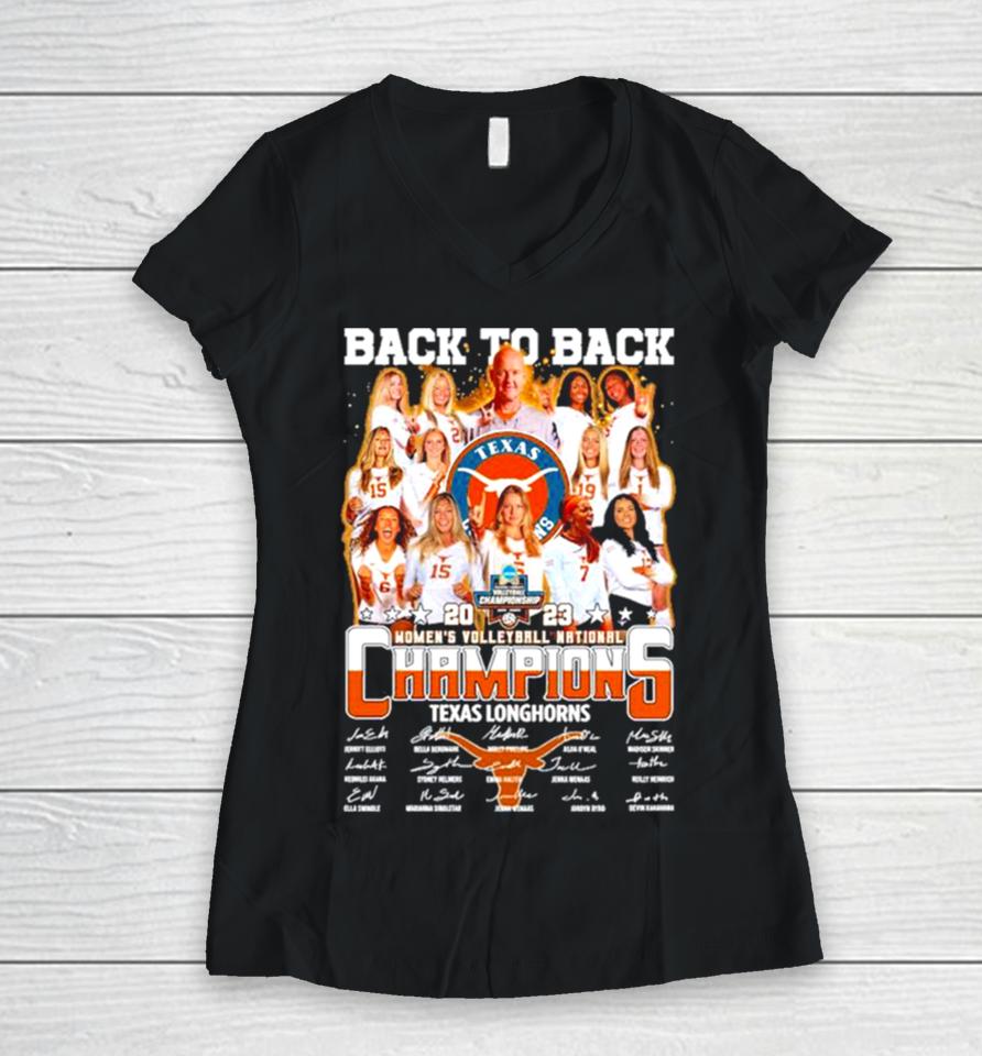 Texas Longhorn Back To Back 2023 Women’s Volleyball National Champions Signatures Women V-Neck T-Shirt