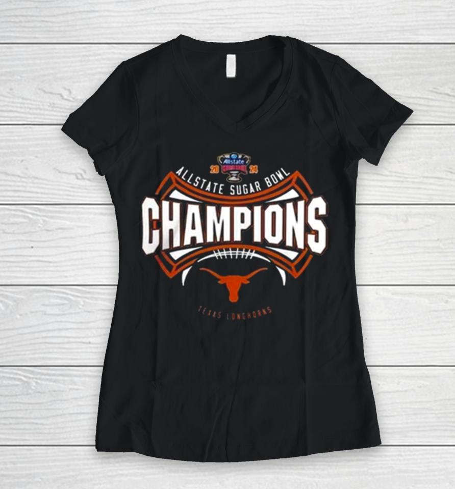 Texas Longhorns 2024 Allstate Sugar Bowl Champions Cfb Playoff Women V-Neck T-Shirt