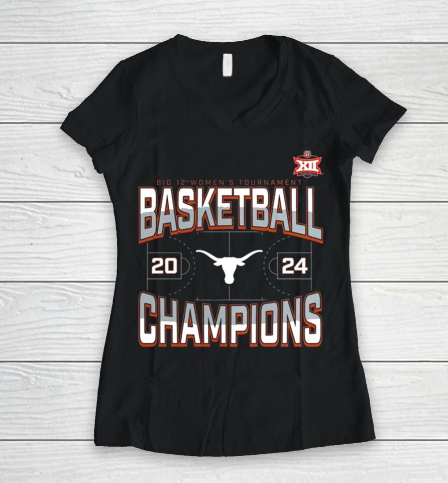 Texas Longhorns 2024 Big 12 Women’s Basketball Conference Tournament Champions Three Pointer Women V-Neck T-Shirt