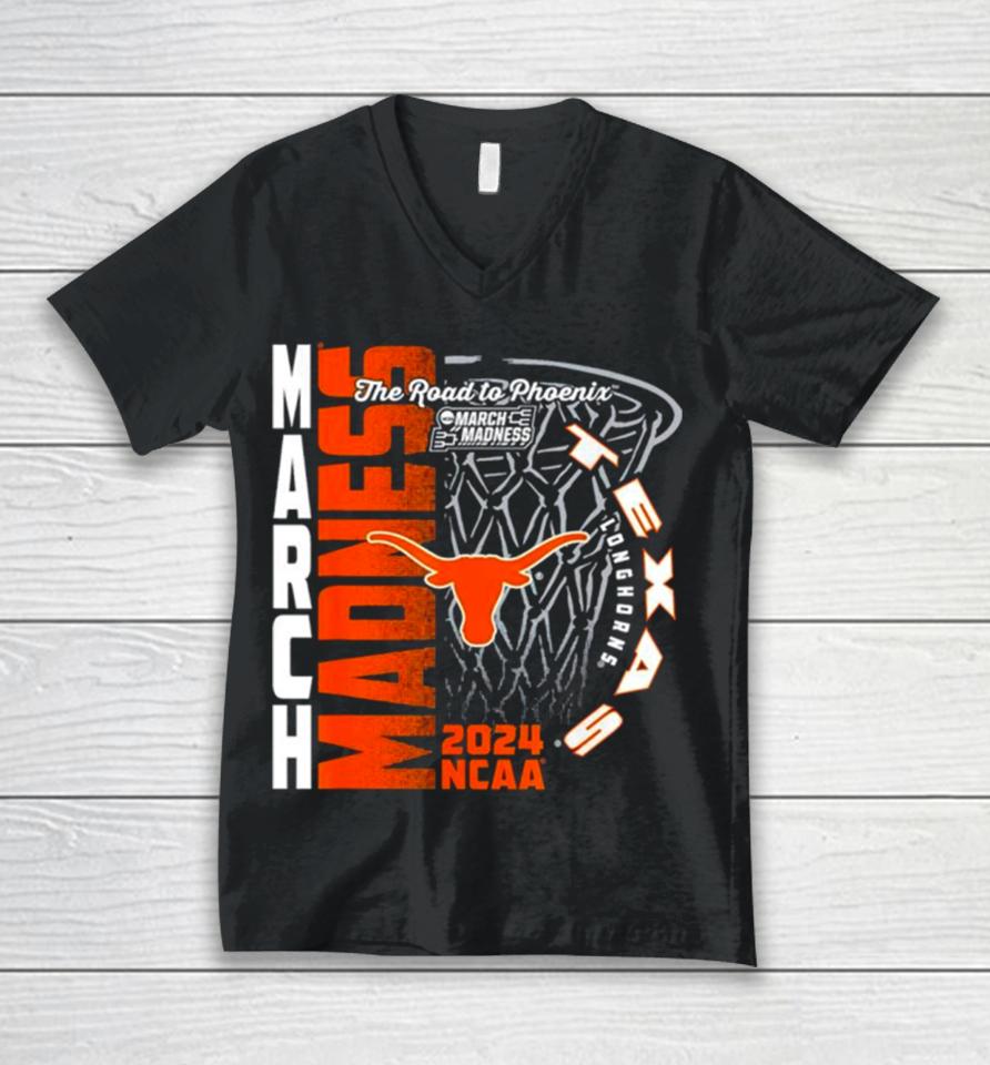 Texas Longhorns 2024 Ncaa Basketball The Road To Phoenix March Madness Unisex V-Neck T-Shirt