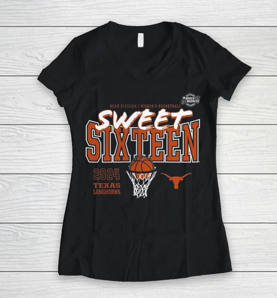 Texas Longhorns 2024 Ncaa Women’s Basketball Tournament March Madness Sweet 16 Women V-Neck T-Shirt