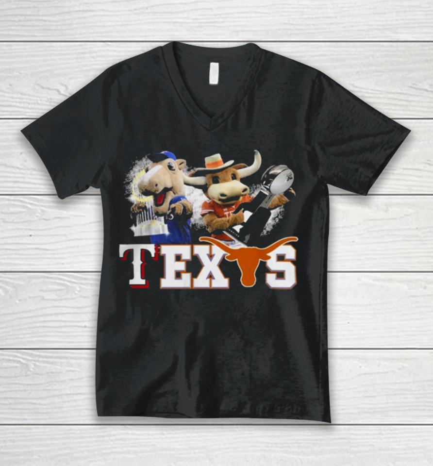 Texas Longhorns And Texas Rangers Mascots Champions Unisex V-Neck T-Shirt