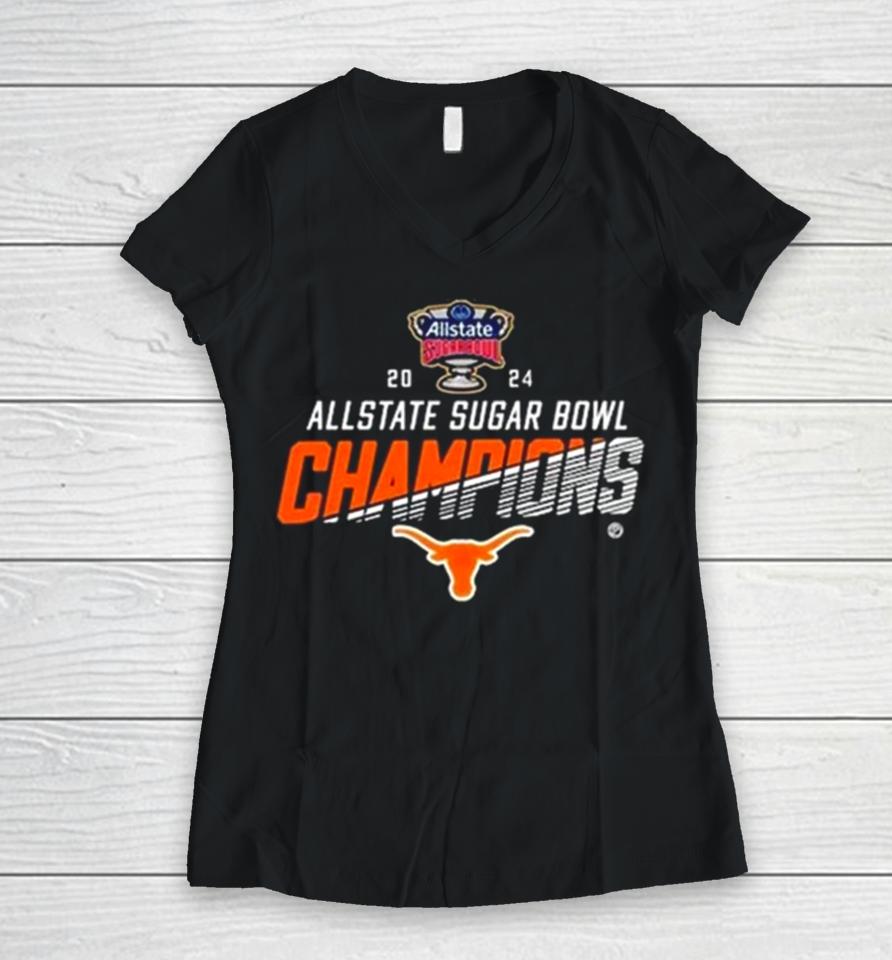 Texas Longhorns Football 2024 Allstate Sugar Bowl Champions Cfb Playoff Women V-Neck T-Shirt