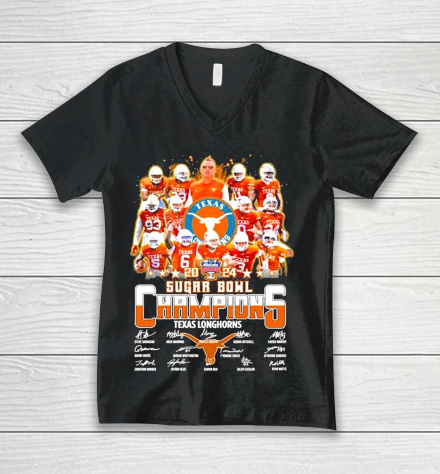 Texas Longhorns Football 2024 Sugar Bowl Champions Signatures Unisex V-Neck T-Shirt