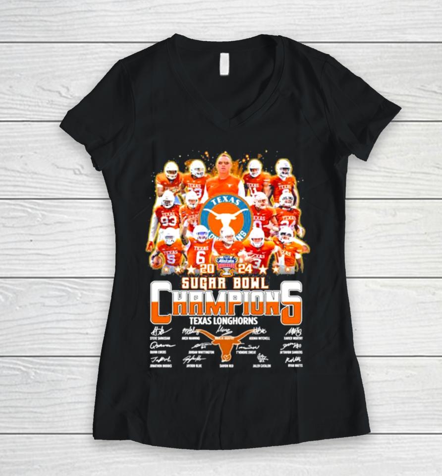 Texas Longhorns Football 2024 Sugar Bowl Champions Signatures Women V-Neck T-Shirt