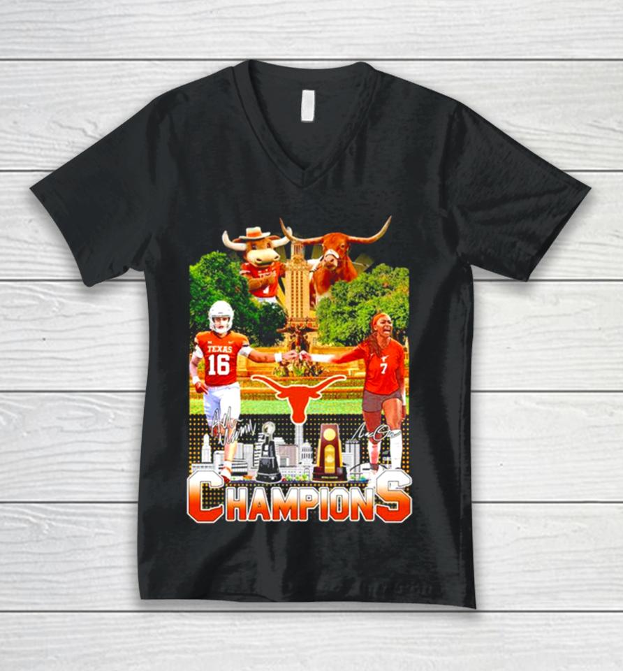 Texas Longhorns Football Men’s And Volleyball Women’s 2023 National Champions Unisex V-Neck T-Shirt