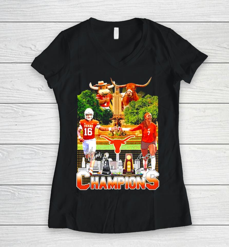Texas Longhorns Football Men’s And Volleyball Women’s 2023 National Champions Women V-Neck T-Shirt