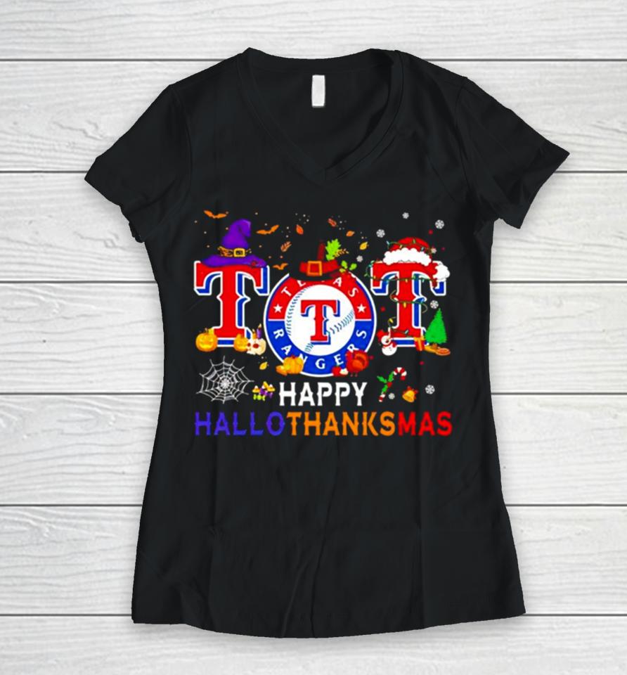Texas Rangers Baseball Happy Hallothanksmas Women V-Neck T-Shirt