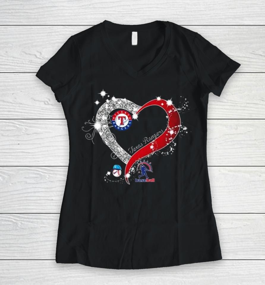 Texas Rangers Baseball My Heart Diamond 2023 Women V-Neck T-Shirt
